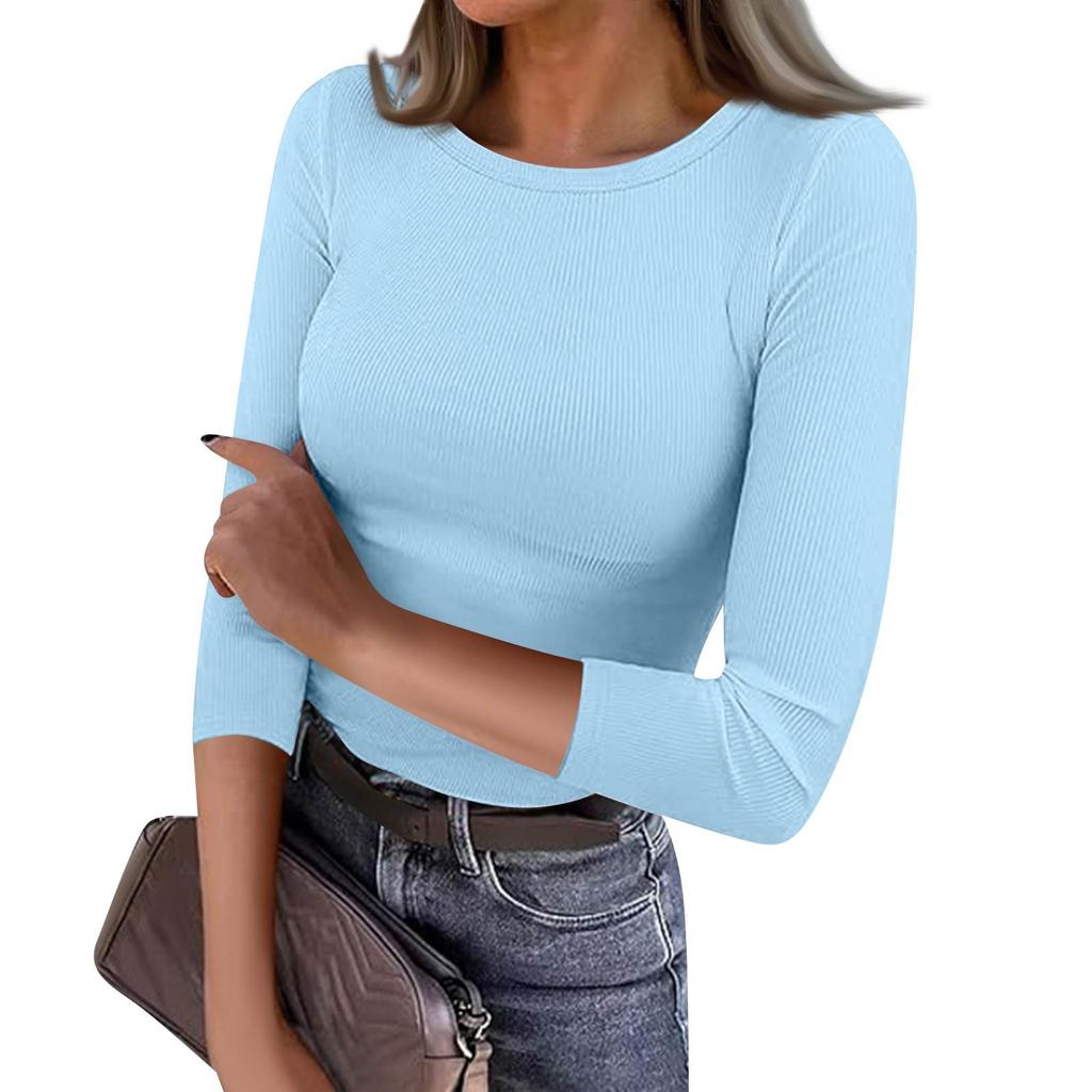 Women's Slim Bottom T-shirt Fashion Casual Color Round Neck Pullover 3/4 Sleeve Top