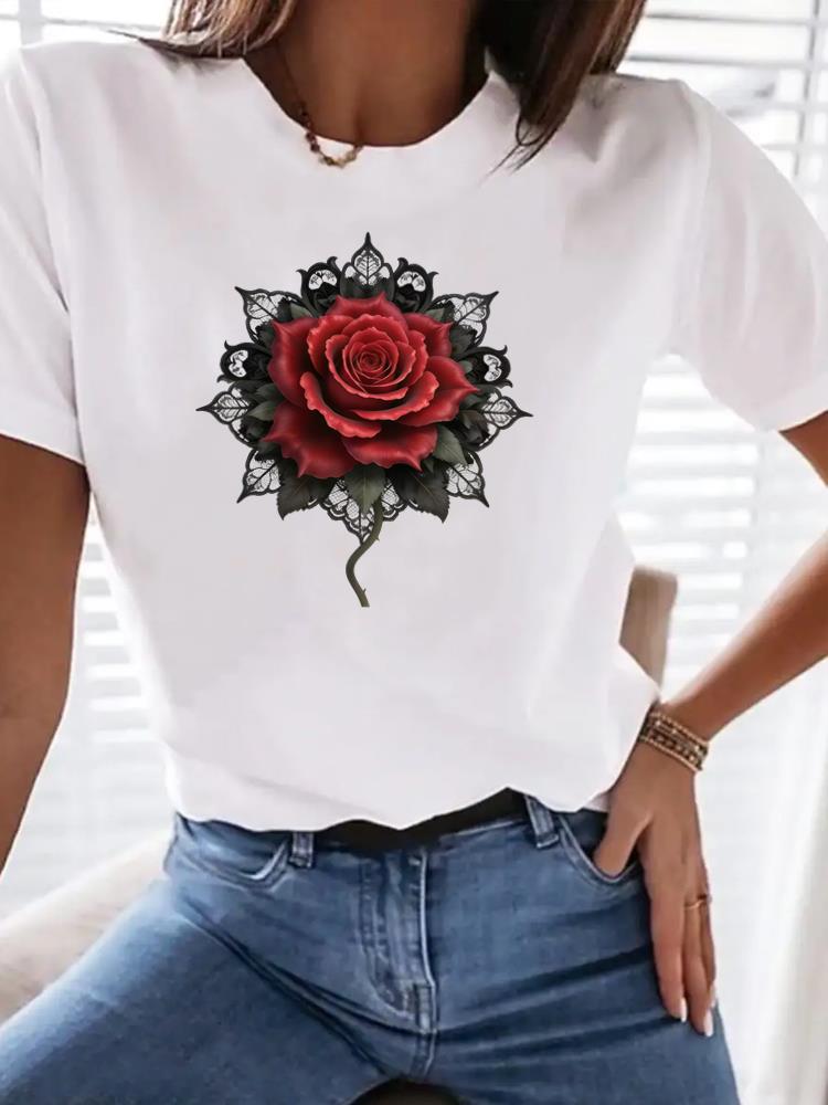 (Asian Size) Clothing T Shirt Woman Women Sweet Flower Floral  Fashion Tee Top Print Female Short Sleeve Graphic T-shirts