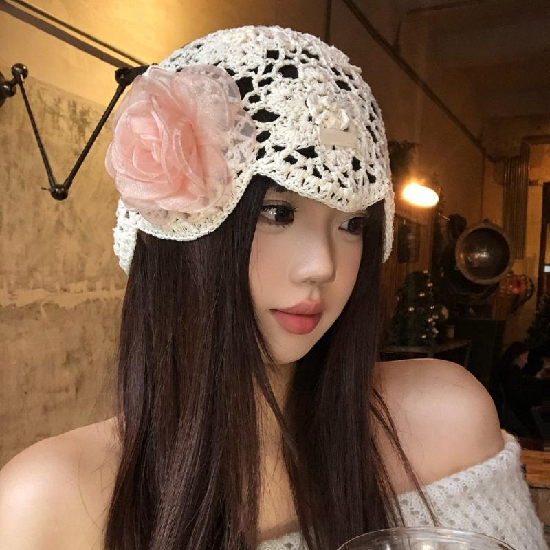 Feminine Openwork Knitted Creative Hat CapIncluding Shaped Dimensional Flowers In Soft Pink Or Beige
