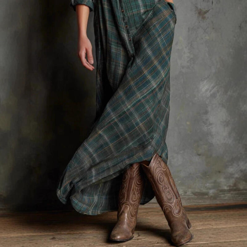 Autumn Turn-down Collar Button Up Plaid Clothes Dresses Vintage Robe Women Elegant Swing Dress Retro Pull On Dress