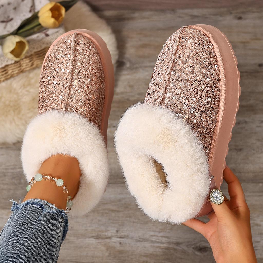 2025 Autumn and Winter New Women's Thick Sole Thickened Plush Snow Boots Sequins