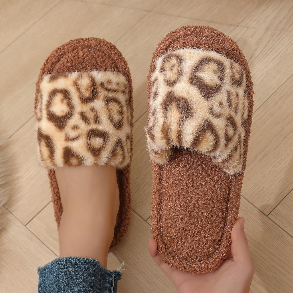 New season leopard print fluffy cotton slippers flat bottom women's fashion home fluffy slippers