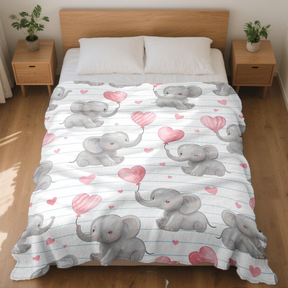 Cute Elephant Pink Balloon Hearts Throw Blanket - Whimsical Animal Pattern Cozy Soft Accent for Bed Sofa Office Travel