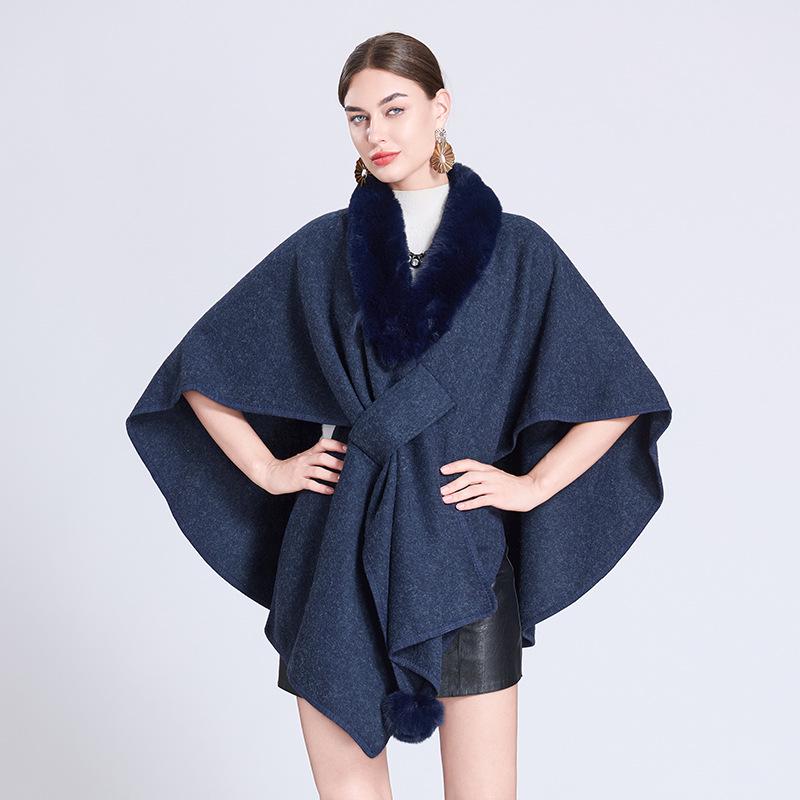 Autumn/Winter Knitted Scarf Shawl Cape with Fur Collar and Pom-Poms (Style 0962#)