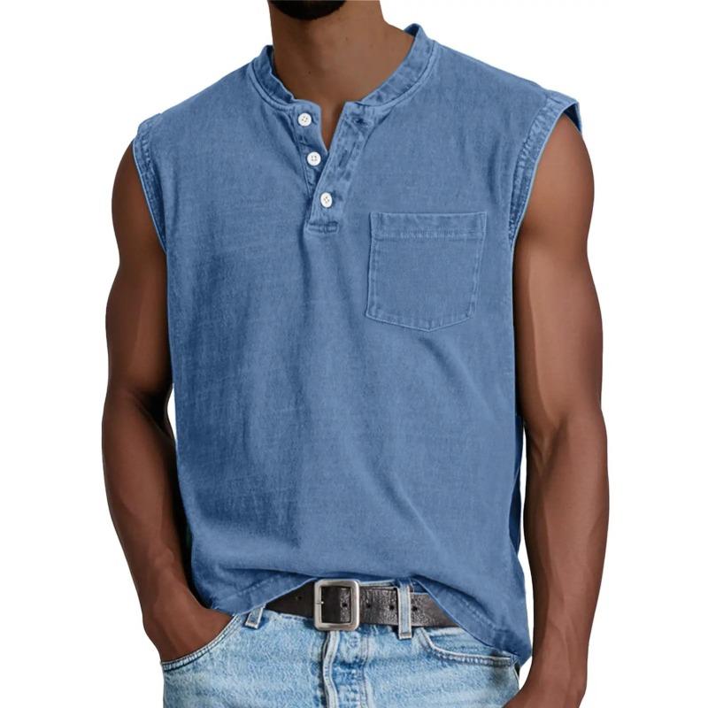 Mens Casual Washed Denim Sleeveless Henley Neck Tank Top With Pocket S