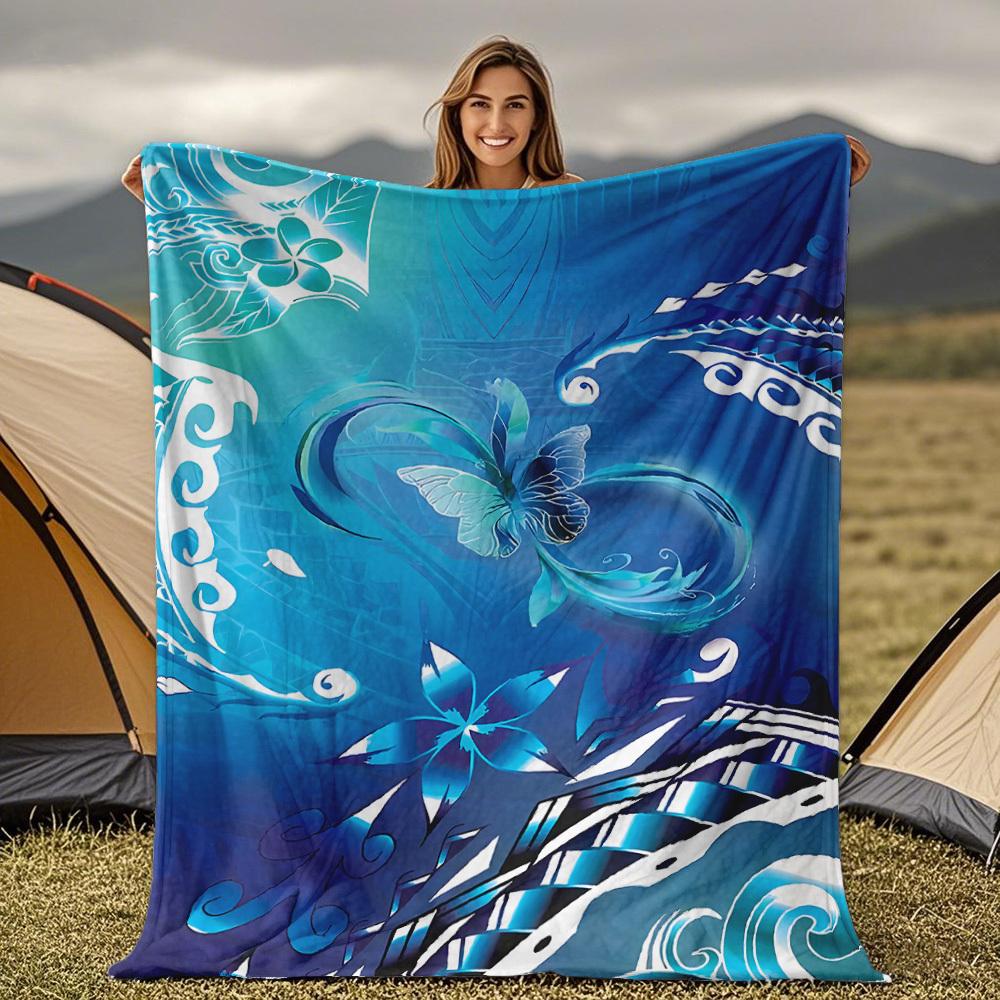 Blue Nationstyle floral pattern Flannel printed blanket suitable for all seasons suitable living room office sofa and travel 75x100cm