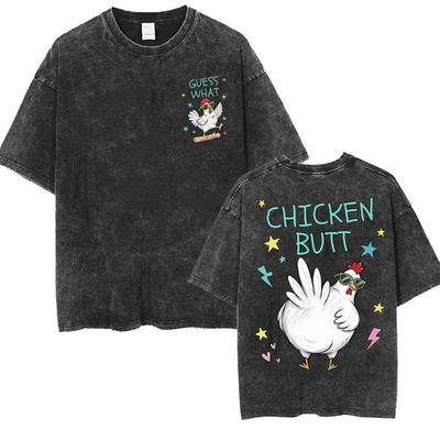 Vintage Washed Guess What Chicken Butt Funny Cute T Shirt Men Women Fashion Kawaii Oversized T-shirts High Quality Loose T-shirt