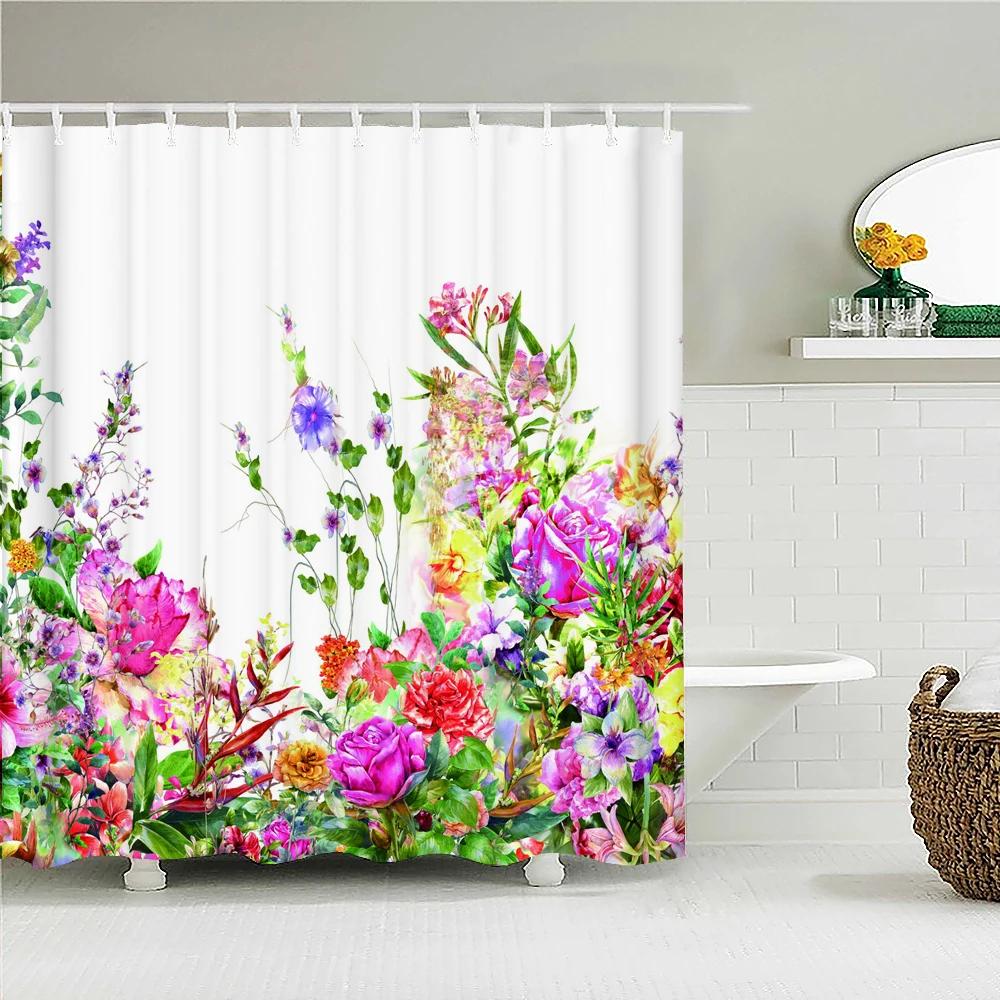 Romantic Retro Blooming Flowers Shower Curtain Garden Bath Curtains Waterproof Polyester Bathroom Shower Curtains Set with Hooks
