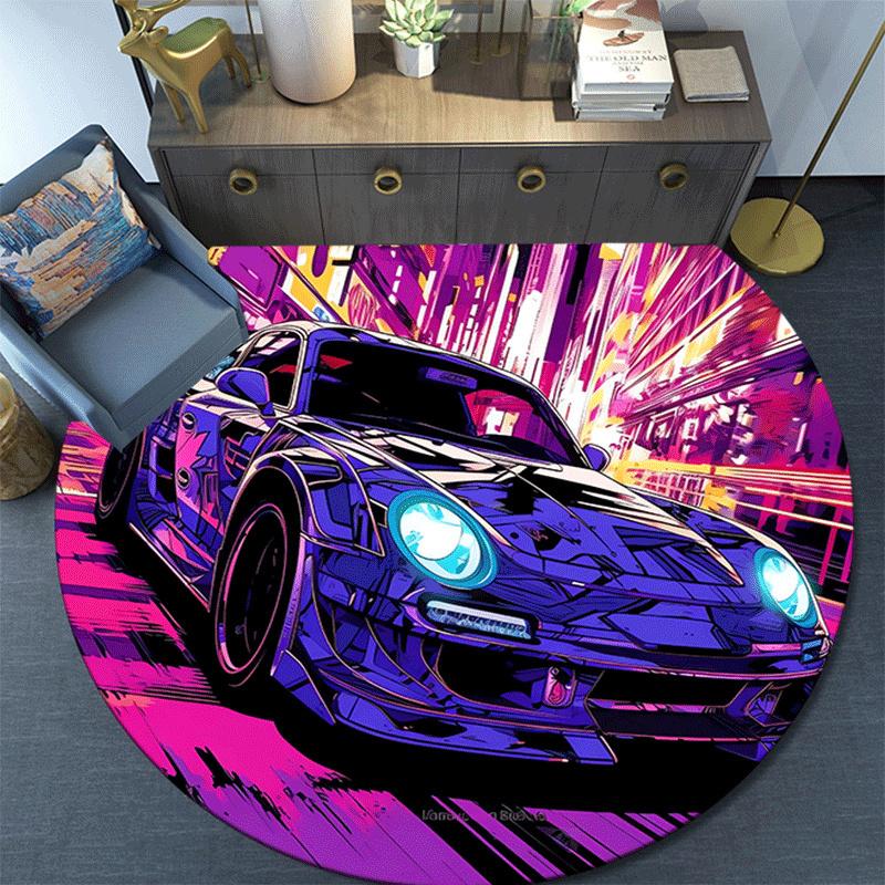 1pc Soft, Absorbent & Non Slip Speeding car Round Rug Soft Circle Rug for Living Room & Bedroom Decor, Chair Mats, and Unforgettable Home Gi