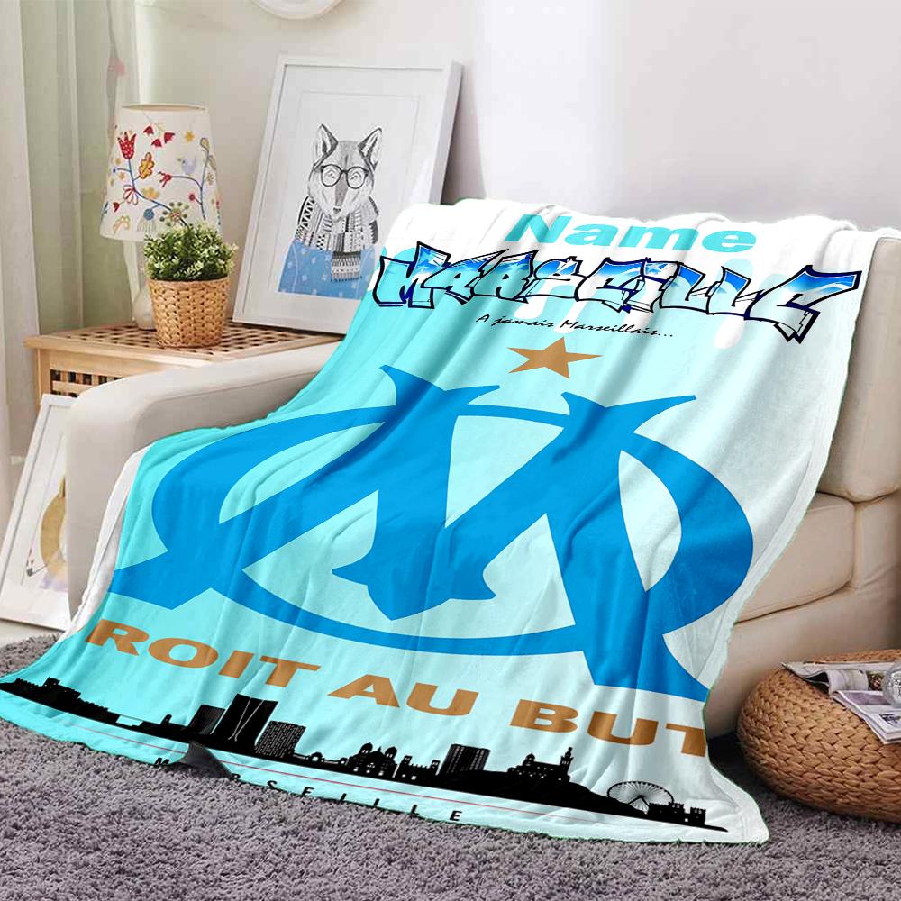 Custom Name Olympique de Marseille Theme Printed Blanket - Perfect for Couch, Bed, Travel & Outdoor Use | Machine Washable, Cozy & Durable.