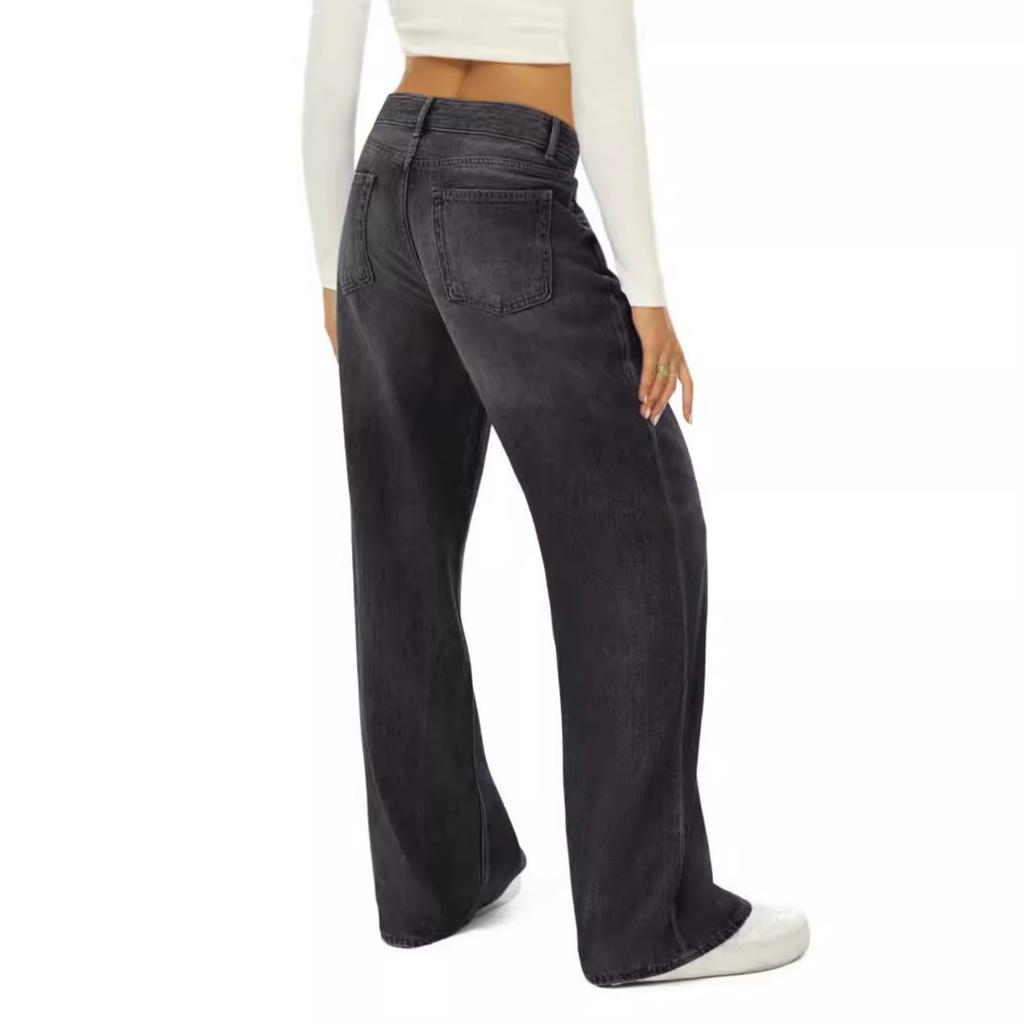 Women's High Waist Straight Leg Loose Fit Long Denim Pants Washed Casual Jeans
