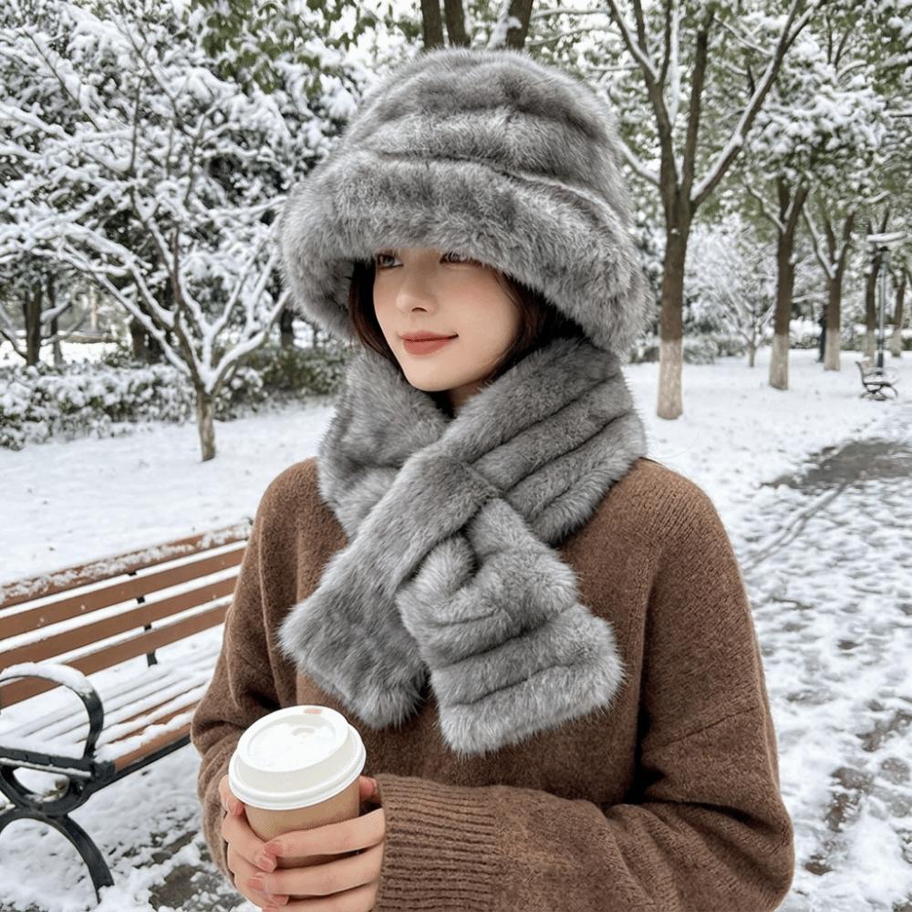 Windproof Faux Fur Hat Scarf Set Warm Fur Snood Scarf Fashion Winter Hat Scarf Set Skiing Holiday
