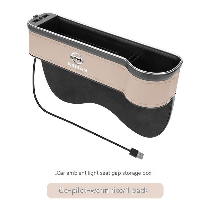 AUK2 Car USB Charging Colour Light Seat Gap Storage Box For Nissan X-Trail Qashqai Sentra Serena Tiida Teana Juke Leaf Micra Almera