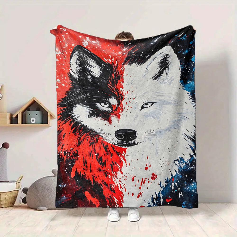 1pc Wolf Face Artwork Blanket, Lightweight Flannel Fleece with Digital Printing, Soft Warm for Sofa, Travel, Camping, Office, Couch, Chair, and Bed, A