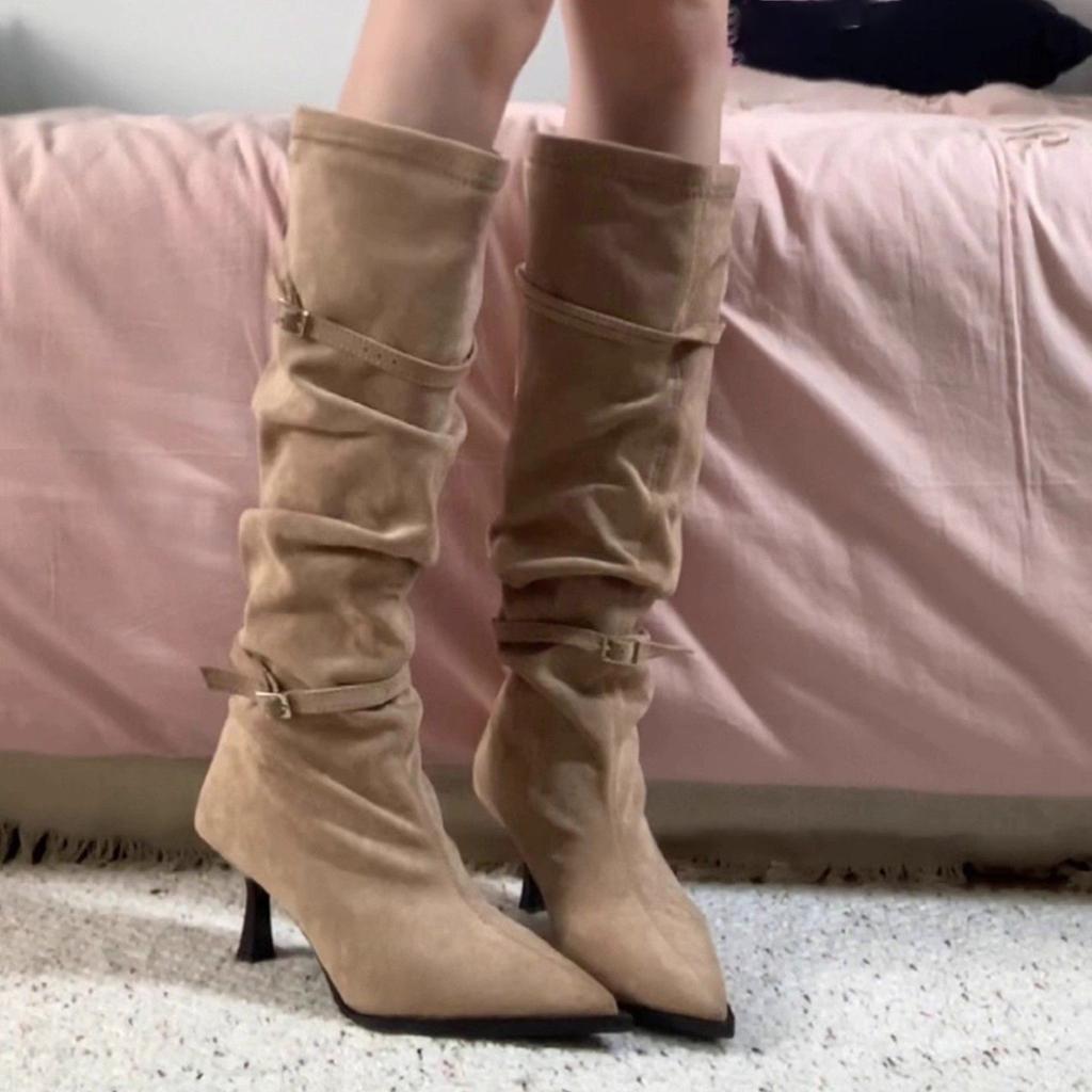 French Fashion Belt Buckle High-heeled Boots Autumn and Winter New Pleated Pile Boots Pointed Suede Boots Women