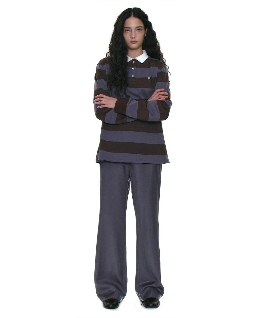 PARTIMENTO WOMEN Wide Stripe Long Sleeve Polo Tee_Brown