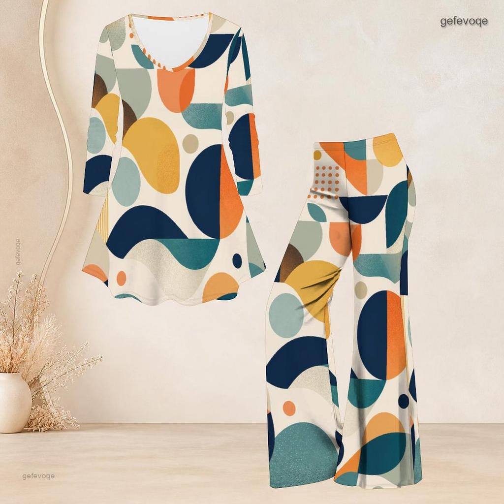 Women Plus Size Round Neck Three Quarter Sleeve Printed Flared Top And Flared Pants Two Piece Set