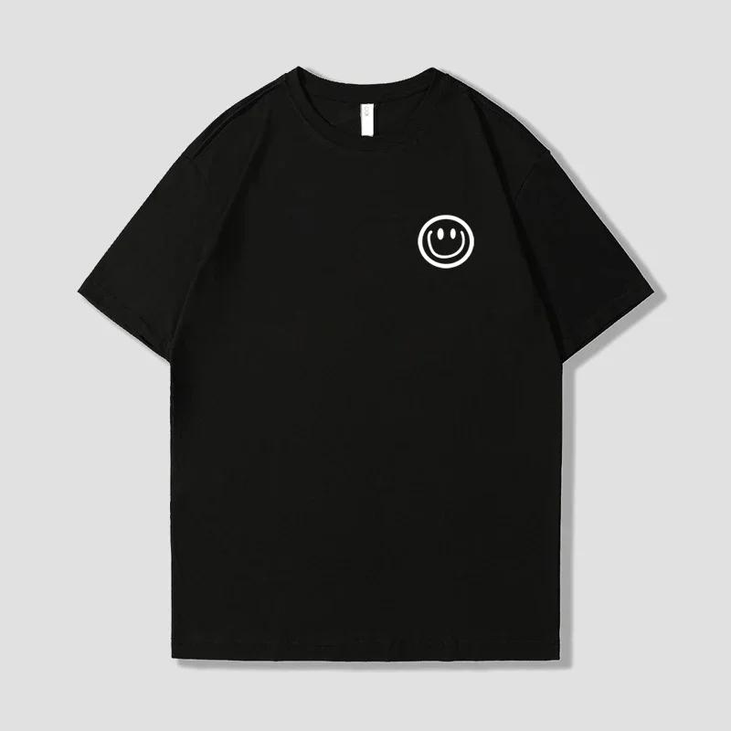 Wzór Uśmiechniętej Twarzy Nadrukowany Letni Modny T-shirt Retro Bawełniany Luźny Nadruk Okrągły Dekolt Oddychający Wysokiej jakości T-shirt dla Pary