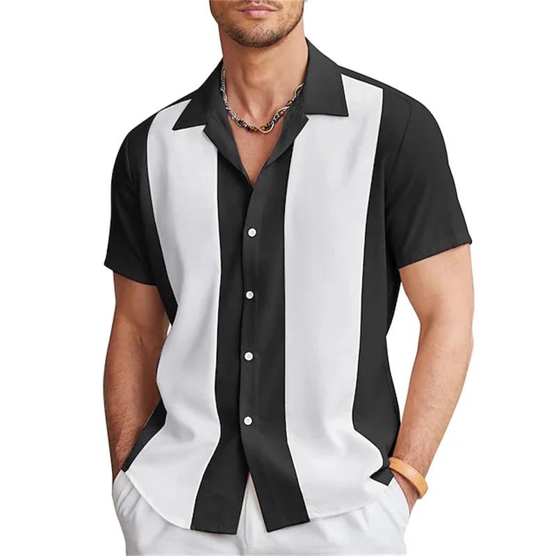 New Men's Shirts Bowling Shirts Button-Down Shirts Summer Casual Red Short Sleeve Color Block Lapel Street Wear Fashion