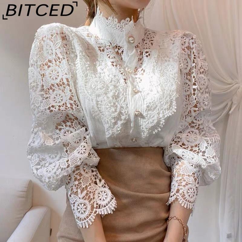 BITCED Women's Loose-fitting, Distinctive Button-down Lace-trimmed Floral Appliqué Shirt