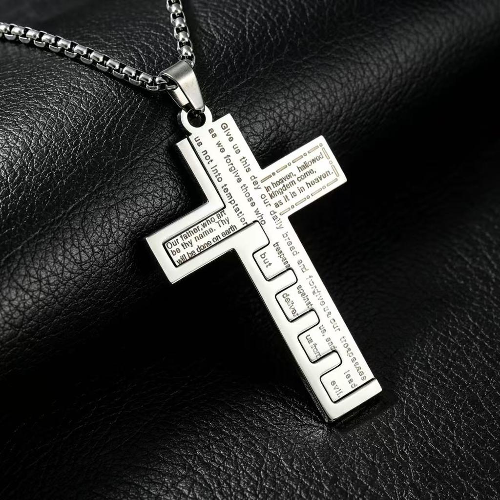 Stainless Steel Bible Cross Pendant Necklace for Men Street Fashion Waterproof Jewelry Accessories Gift