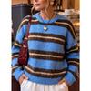Damen S Locker Geschnitten Gestreift Rundhals Langarm Strickpullover Pullover