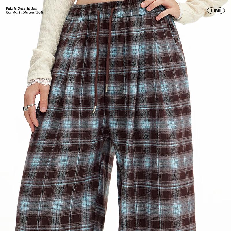 UNIFREE Women's Plaid High-Waist Wide-Leg Casual Pants