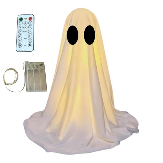 LED svítící figurka ducha Halloween Vnitřní dekorace ducha z bílé látky s dálkovým ovládáním pro domov, kuchyň, krbovou římsu, stůl, stolní desku, party dekorace