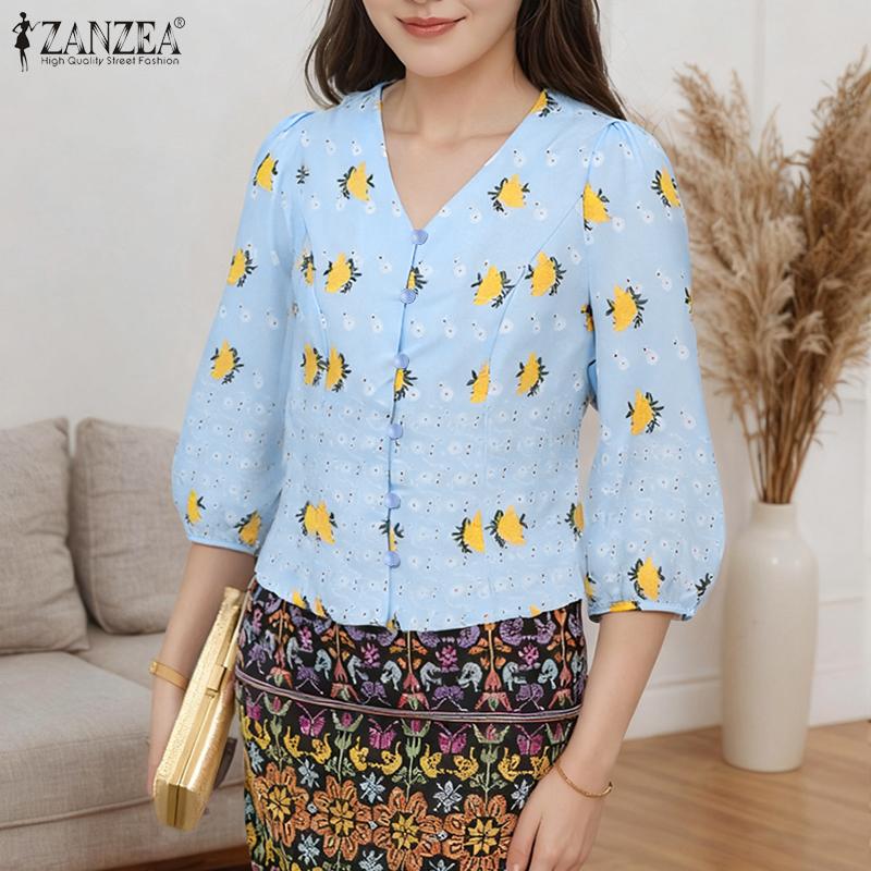 ZANZEA Women Casual Floral Print Summer V-Neck 3/4 Sleeve Blouse