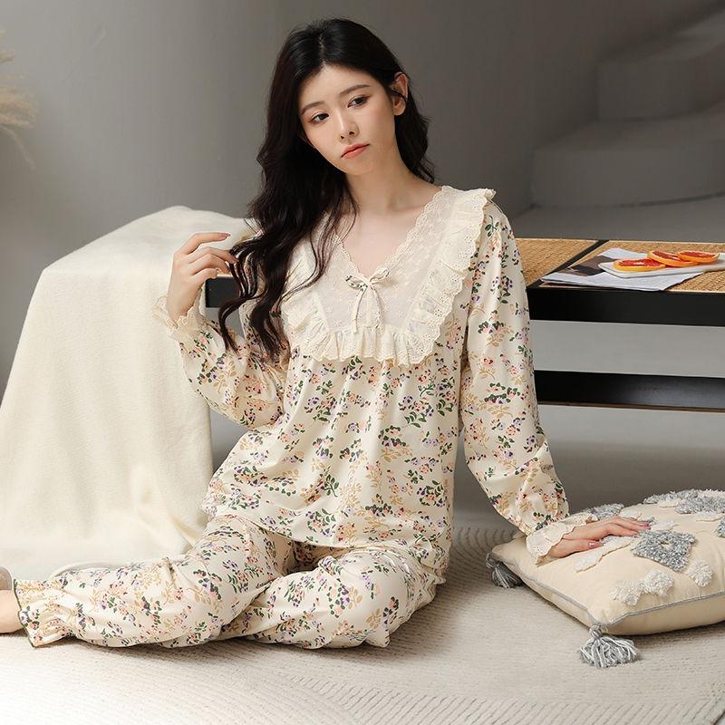 Large Size Plus 100 Pounds Pajama Suit Women's Spring and Autumn Pure Cotton Sweet Home Wear New Long-sleeved Trousers Home Wear Set