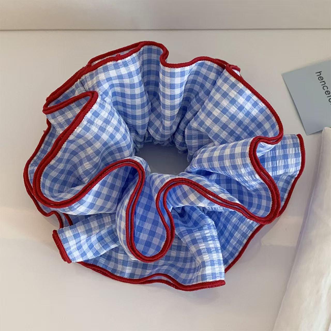 

Korean Style Red, Blue & White Color Block Striped Scrunchie - Cute & Playful Ponytail Hair Tie for Women