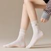 Women's Mid-Calf Cotton Socks - Solid Stripe with Bow Label, Double Ribbed for Autumn & Winter, Japanese Casual Style.