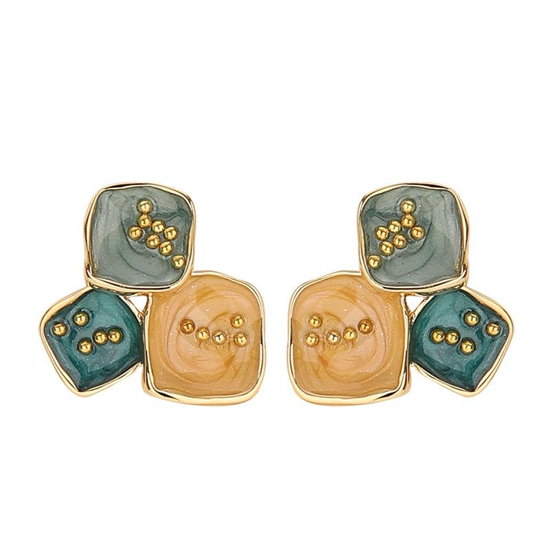 Mori Sweet Exquisite Pastoral Enamel Drip Glaze Smudged Geometric Stud Earrings Temperament Simple Advanced Sense Personalized Earrings