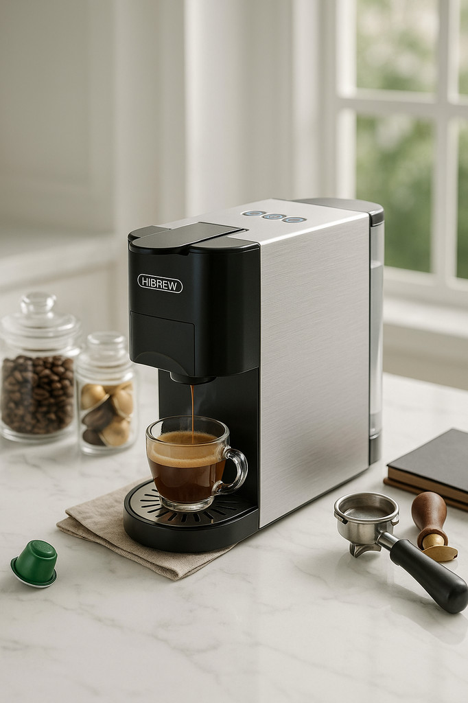 HiBREW H3A 5 in 1 Kaffeemaschine, 19 bar Druck, Kalt-/Heißmodus, 800 ml Wassertank, Trockengehschutz - Silber