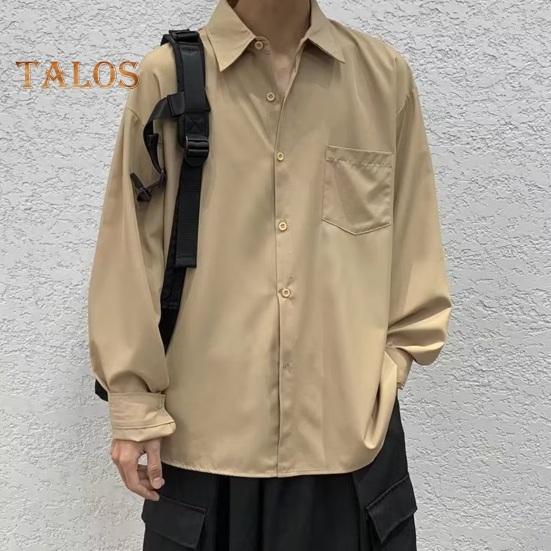 Men Spring Fall Shirt Turn-down Collar Loose Fit Retro Japanese Style Single-breasted Long Sleeves Pure Color Mid Length Young Formal Business Event
