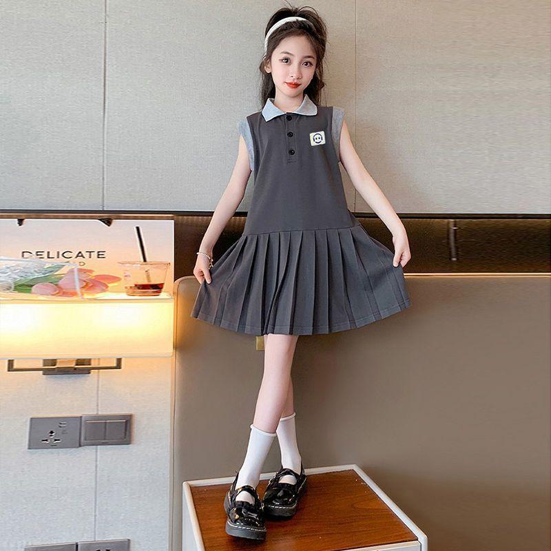 Girls Summer Polo Collar Sleeveless Pleated Dress