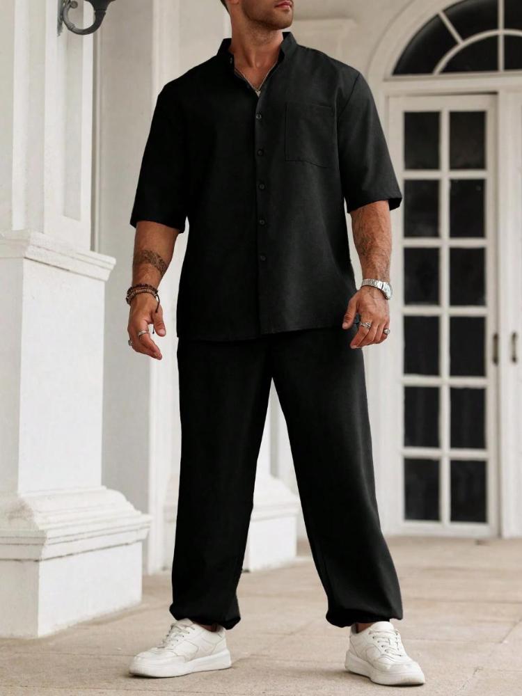 Camicia Casual da Uomo in Cotone e Lino con Bottoni, Pantaloni a Maniche Corte, Completo Casual Monocolore