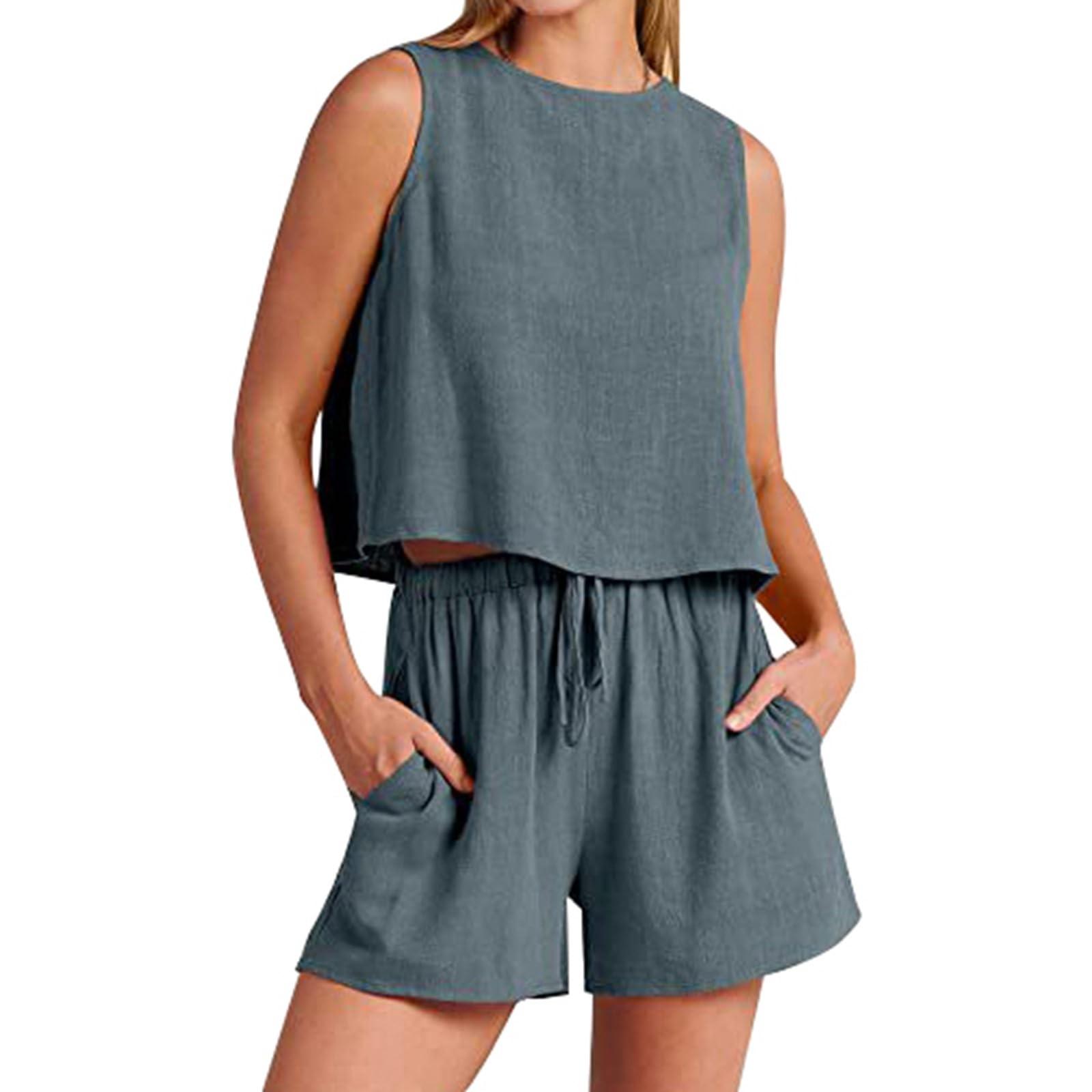 Женский летний льняной костюм из двух предметов без рукавов с круглым вырезом — фото 8