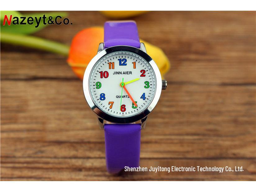 Popular Kids' Cartoon Quartz Watch with Colorful Numbers and Leather Strap for Elementary School Boys and Girls