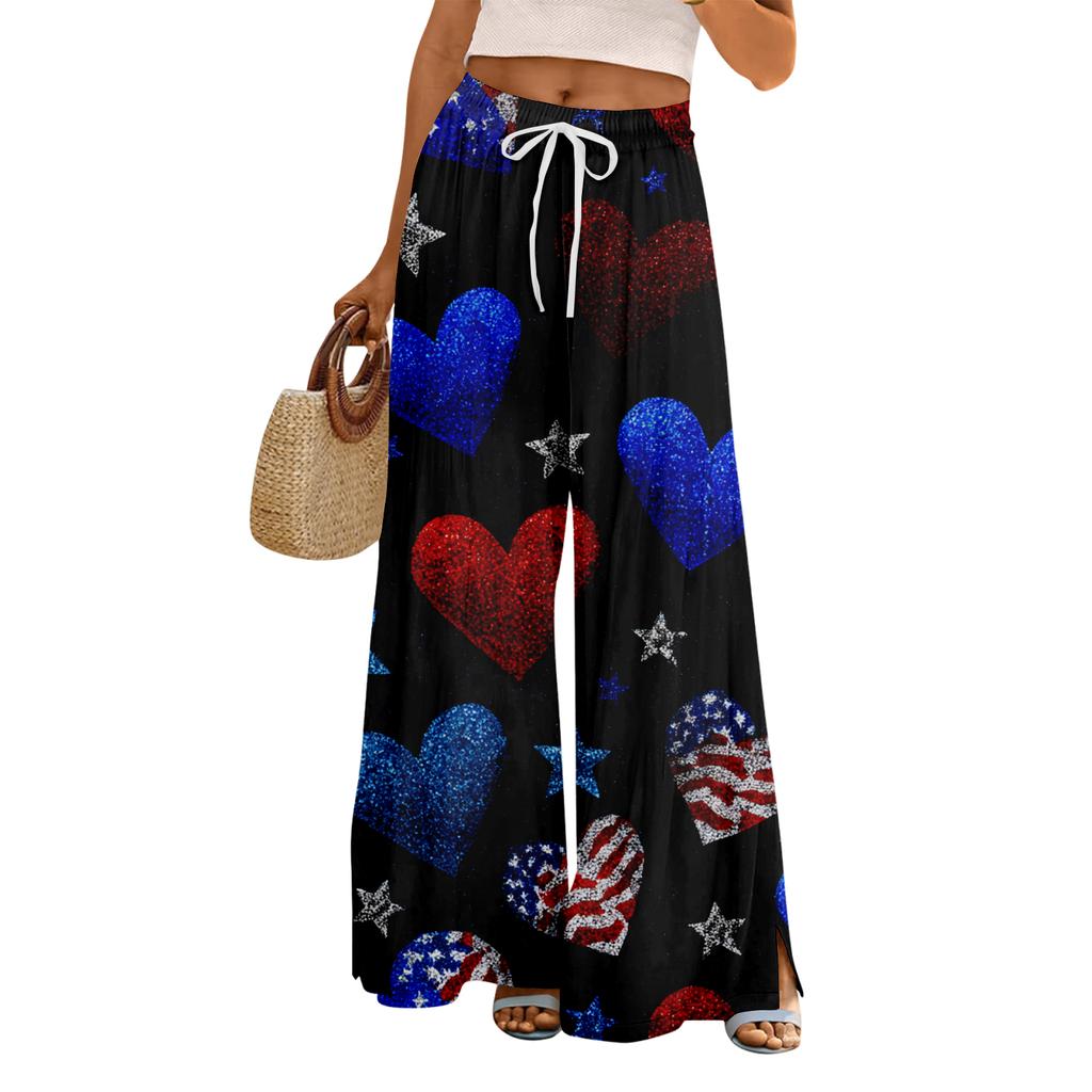 Women Summer Boho Palazzo Pants High Waist Wide Leg Floral Printing Casual Trousers With Pockets