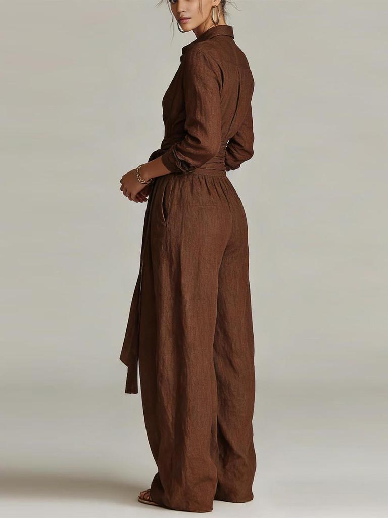 Retro High-Waisted Solid Color Jumpsuit with Tie-Waist