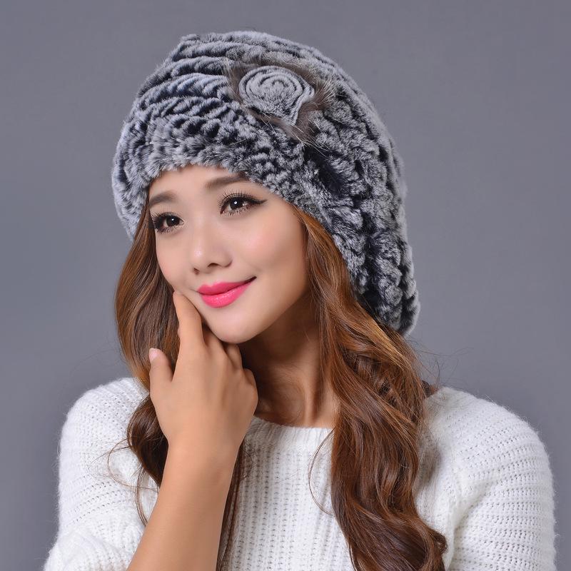 Hand Knitted Lady Winter Rabbit Fur Hat Women Beret Winter Beanies