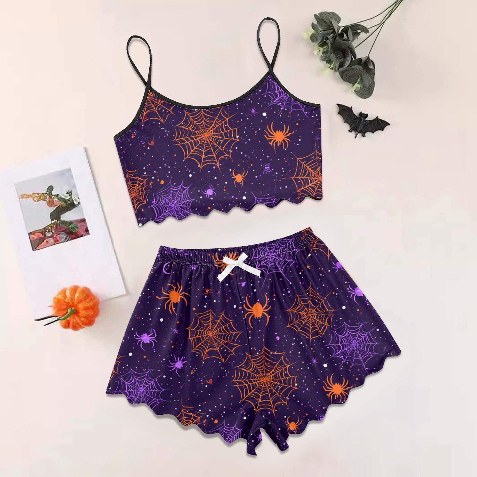 

Women s Halloween Set With Retro Floral Print Suspender Sleeveless Vest Shorts Pajama Set L фиолетовый