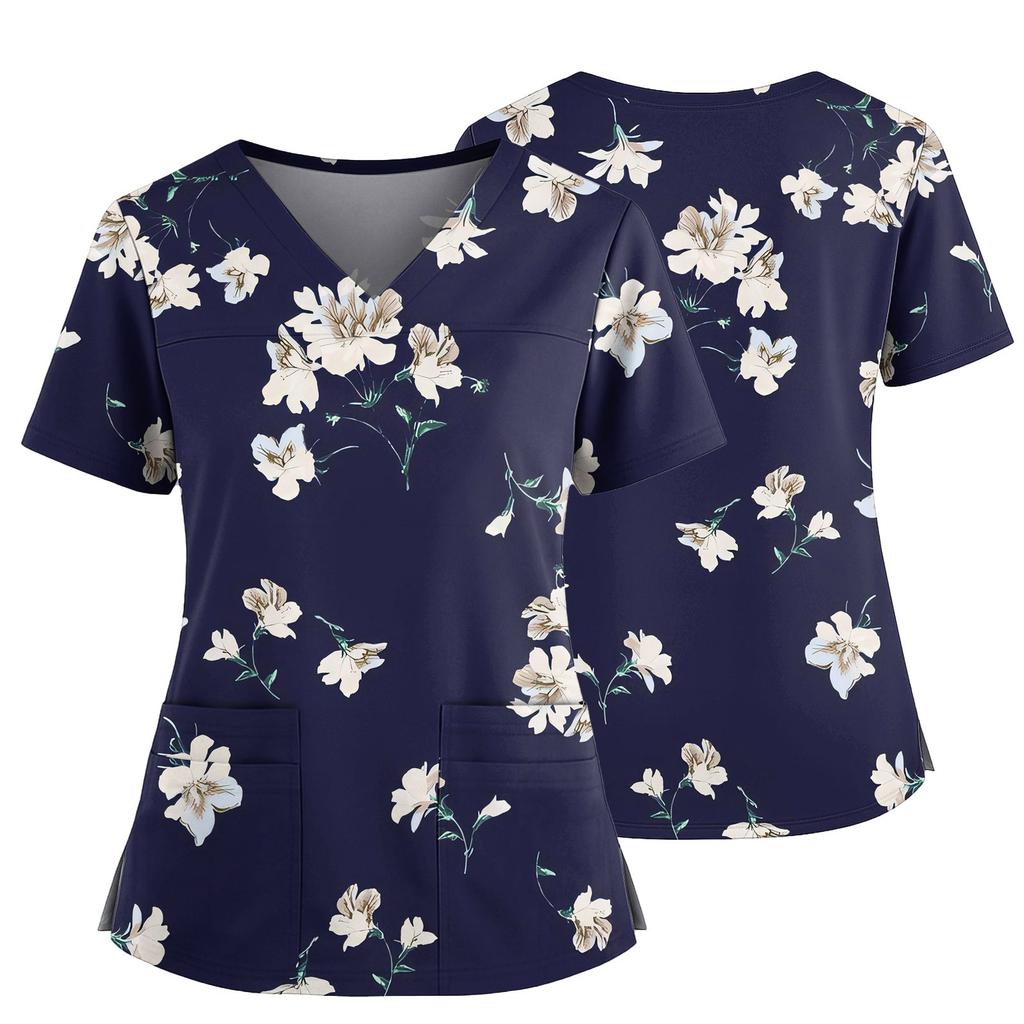 Women's Casual Printed V-Neck Pocket Side Slit Short Sleeved Top Short Sleeved Top