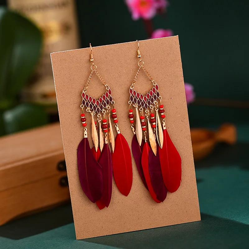 Bohemian Ethnic Feather Dangle Earrings For Women Trendy Long Tassel Colorful Beads Drop Earrings Girl Female Boho Jewelry