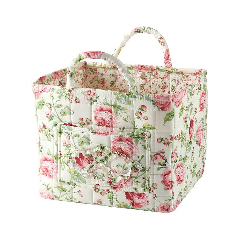 Korean Home Pastoral Fabric Storage Basket Clothing Sundries Storage Basket Floral with Handle Underwear Storage