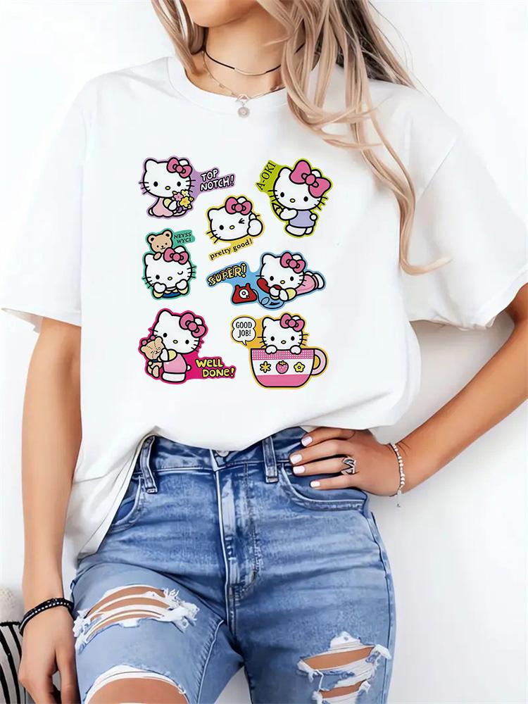 

2026 Flower Hello Kitty Fashion Ladies Tshirt Summer Fashion Tshirt Casual White Funny Cartoon Print Tshirt Hip Pop Tops Tee S