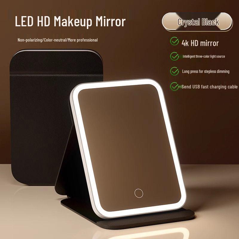 Foldable LED Makeup Mirror with HD Light - Portable, Stylish for Dorms and Desktops