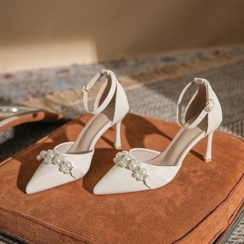 2025 Summer Celebrity Women's High Heels Fashion Pointed Toe Pearl Chain High Heel Sandals Dress Banquet Wedding Shoes