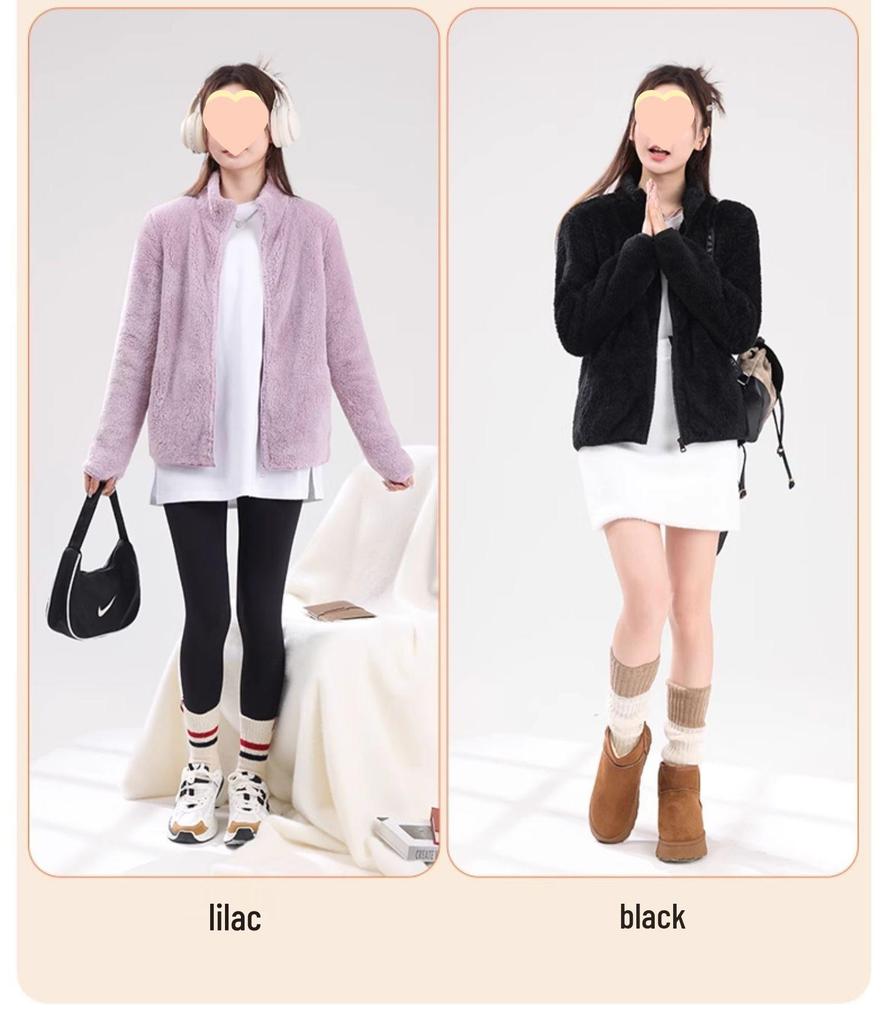 Women's 2026 Double-Sided Fleece Jacket: Grey, Warm Stand Collar, Trendy Autumn/Winter Outerwear
